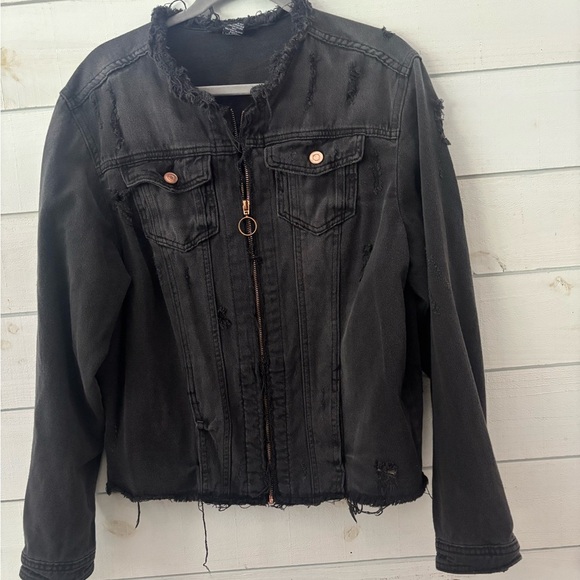 Ashley Stewart Black Distressed Denim Jacket in size 14/17. Great condition! - Picture 3 of 13